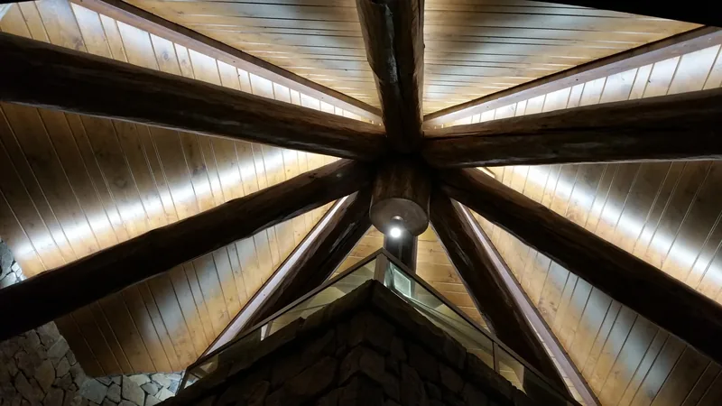 Radial timber ceiling with recessed lighting installed by Northwest Wattage
