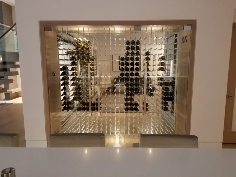 Glass-walled wine cellar with lit display racking